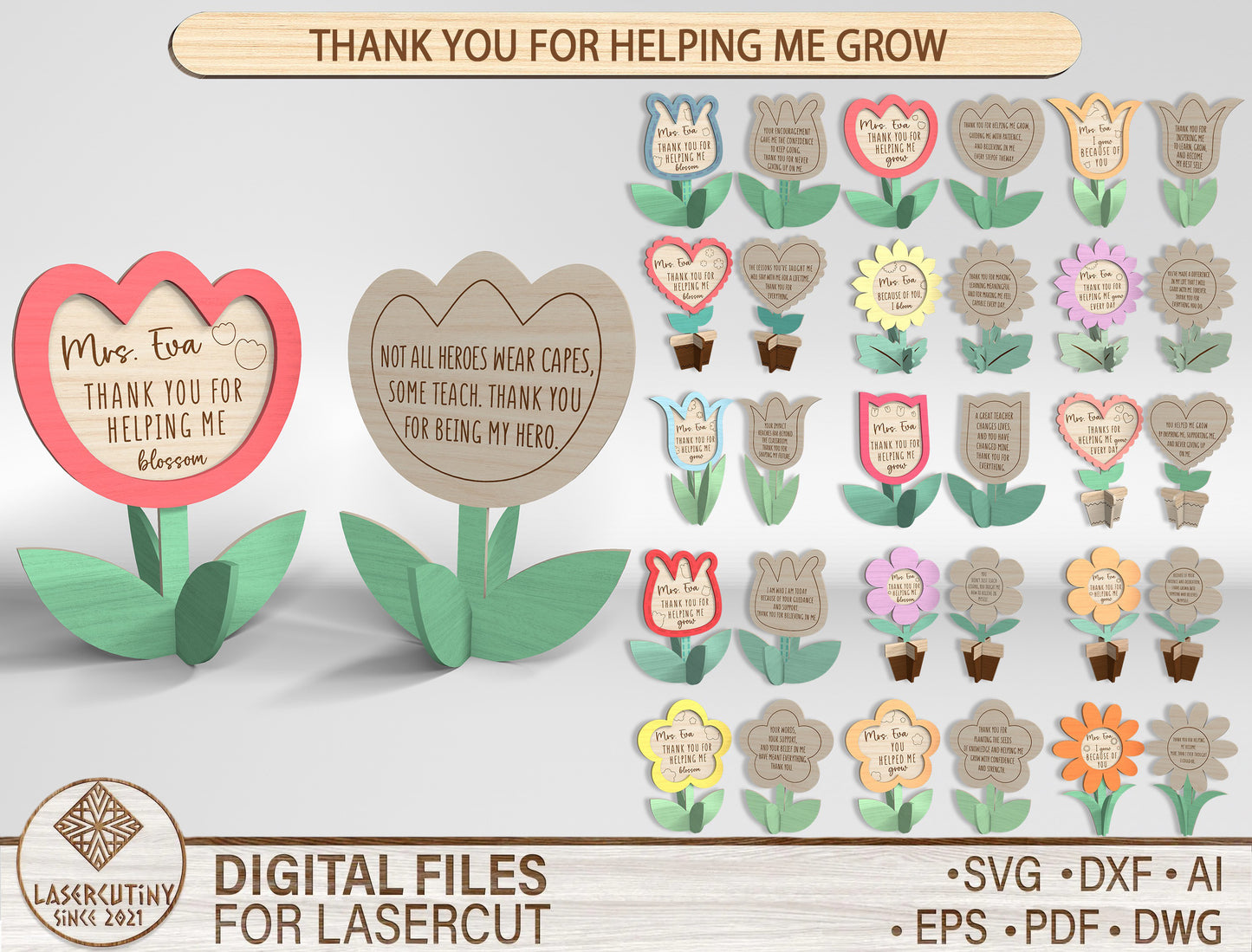 Personalized Teacher Flower Tabletop SVG Bundle for Glowforge and xTool
