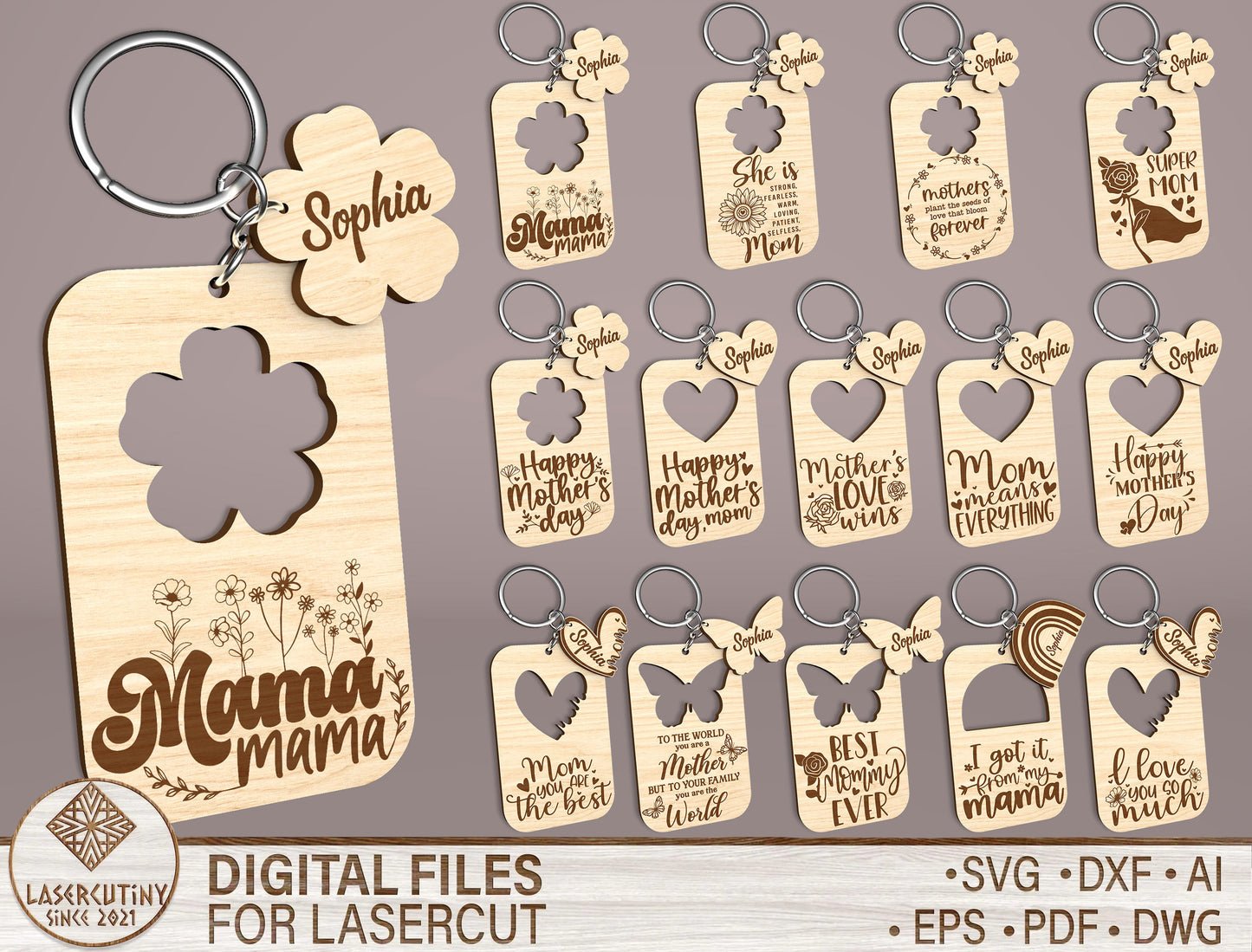 Mom Keychain SVG Bundle Mother's Day Wooden for Glowforge and xTool