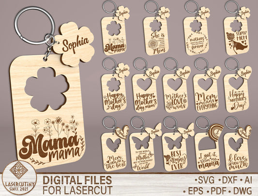Mom Keychain SVG Bundle Mother's Day Wooden for Glowforge and xTool