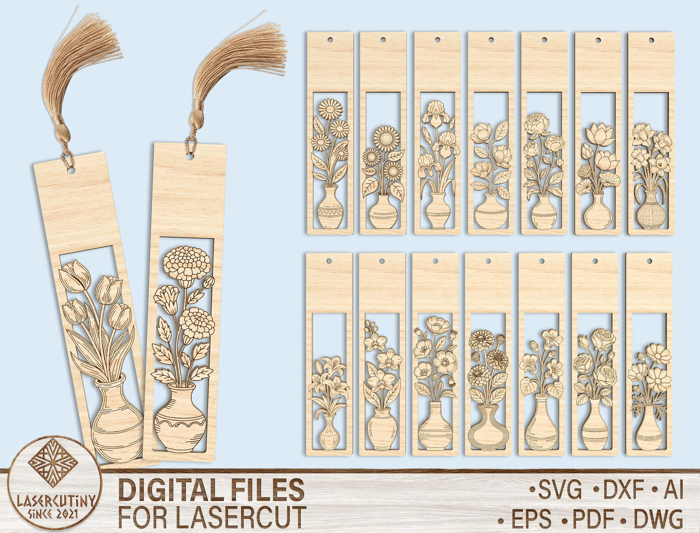Floral Vase Bookmark SVG Bundle Teacher Appreciation Laser Cut File for Glowforge and xTool
