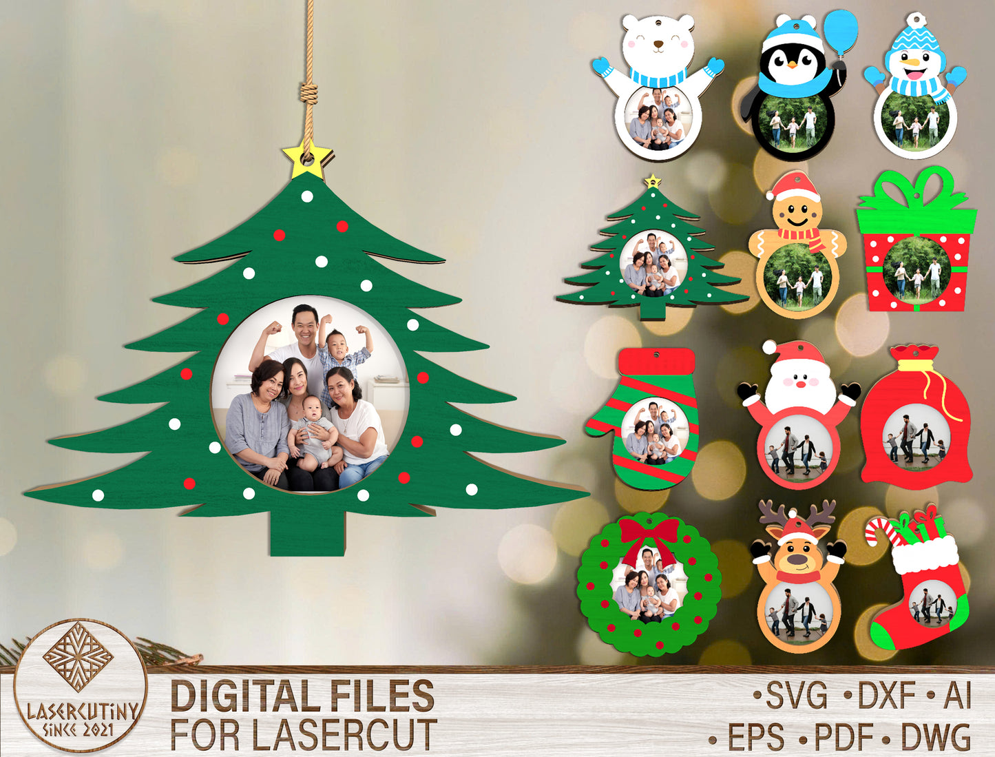 Christmas Photo Frame Ornaments Laser Cut File | Holiday Digital Download | Ready to Cut | Glowforge, xTool, LightBurn, etc.