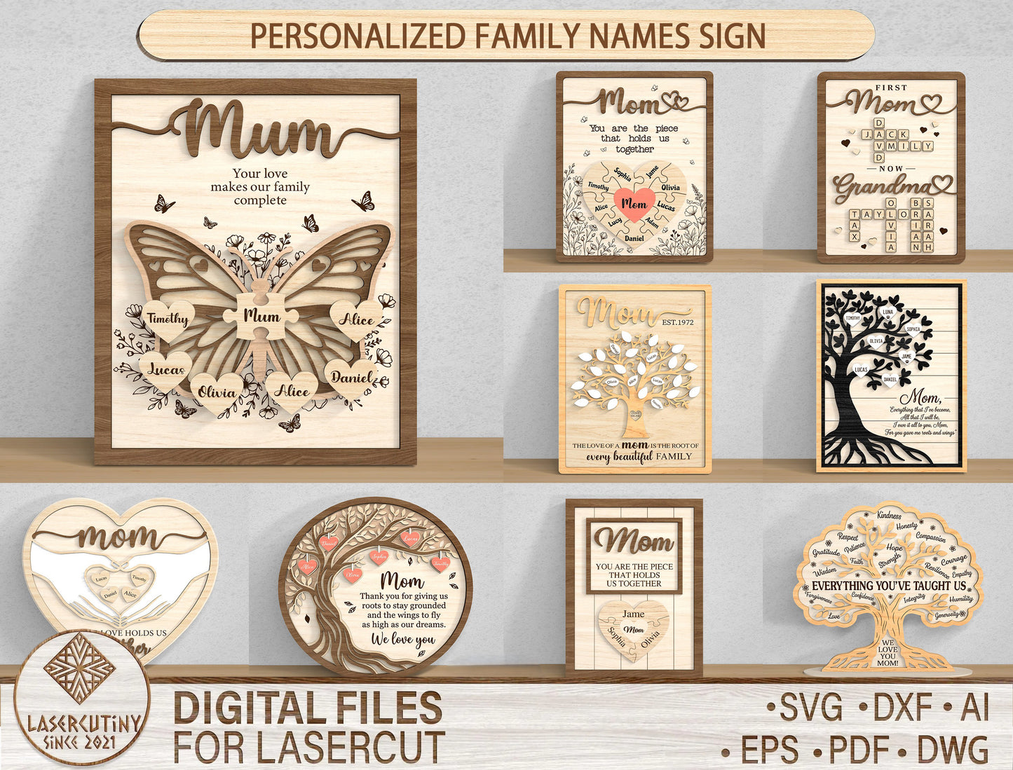 Personalized Family Name Mom Sign SVG Bundle for Glowforge