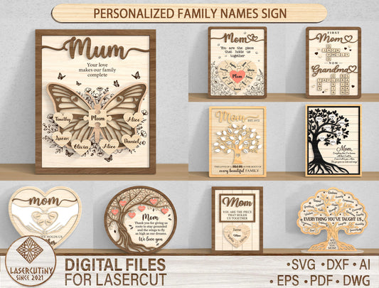 Personalized Family Name Mom Sign SVG Bundle for Glowforge