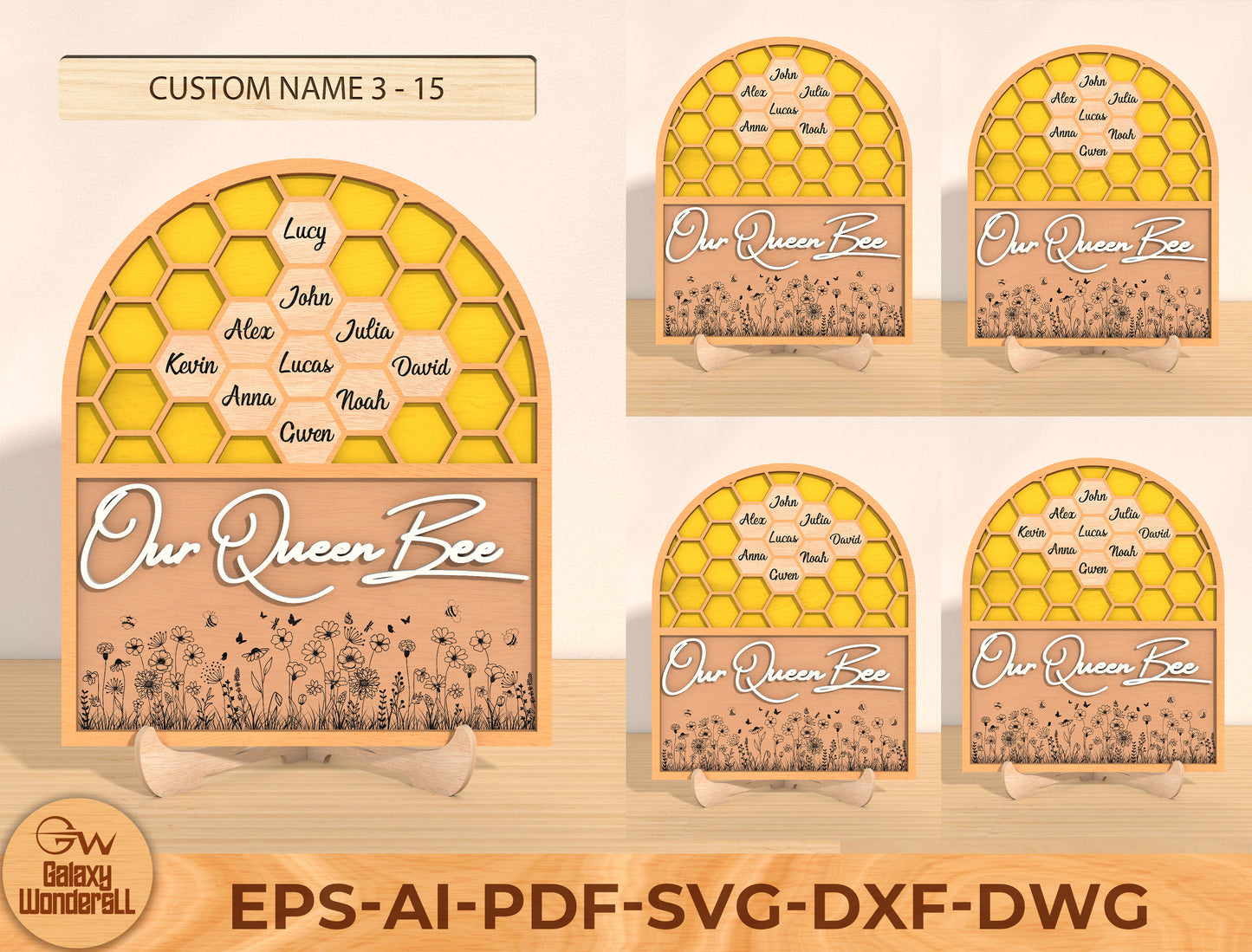 Our Queen Bee Laser Cut File | Personalized Mother’s Day Honeycomb Sign | Floral Wooden Decor | Glowforge, xTool, LightBurn, etc...