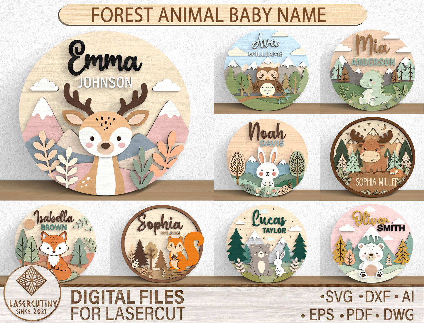 Forest Animal Baby Name SVG File for Glowforge and xTool