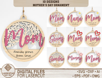 Mother's Day Floral Round Ornament SVG Bundle for Glowforge