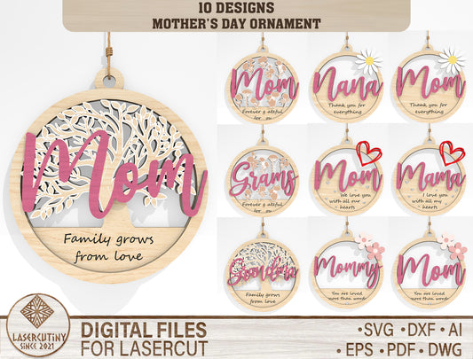 Mother's Day Floral Round Ornament SVG Bundle for Glowforge