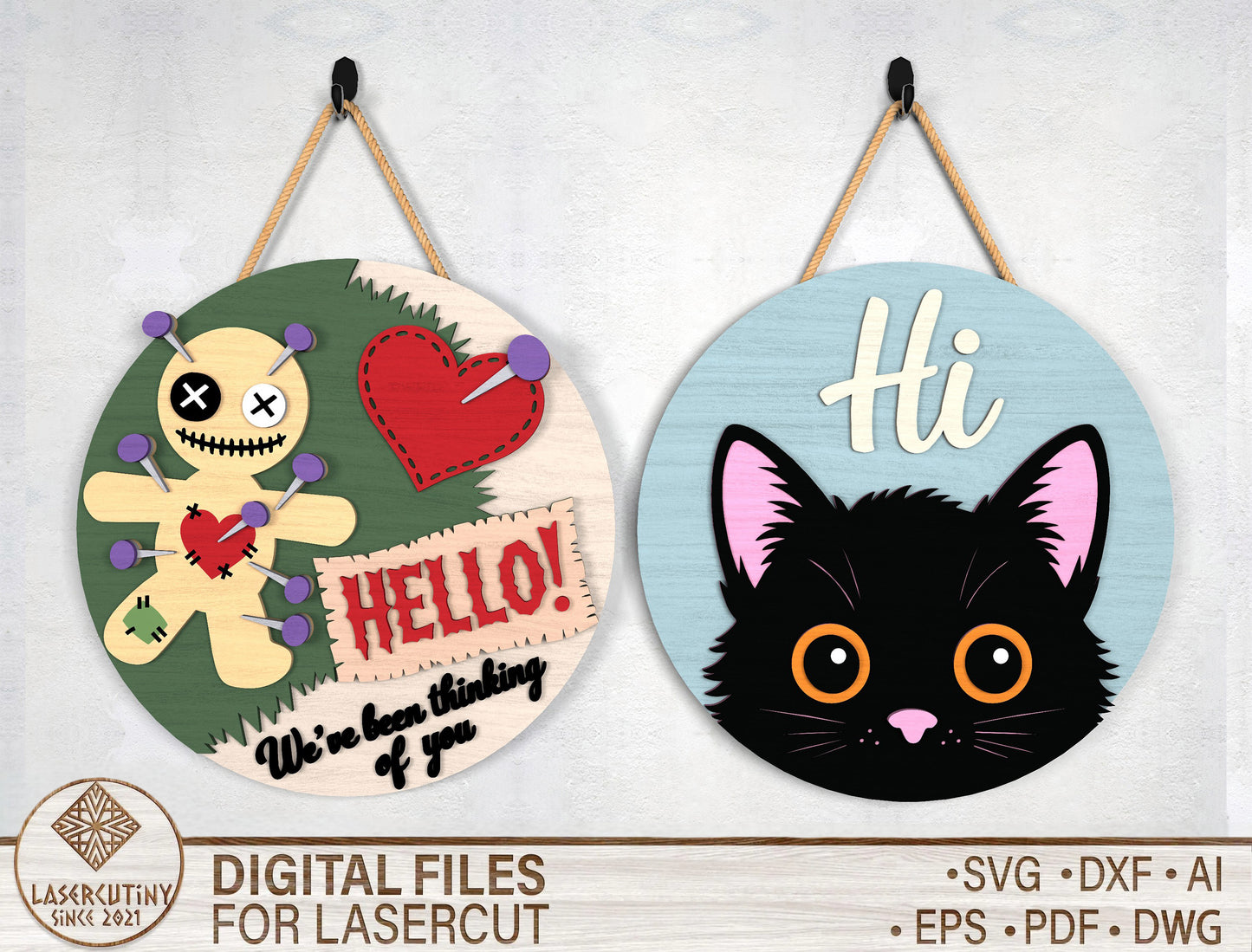 2 Halloween Black Cat Door Sign SVG Laser Cut Files for LightBurn