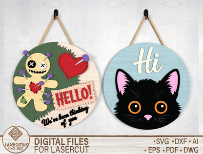 2 Halloween Black Cat Door Sign SVG Laser Cut Files for LightBurn