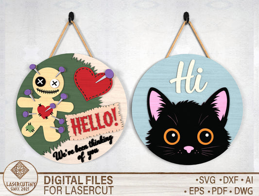 2 Halloween Black Cat Door Sign SVG Laser Cut Files for LightBurn