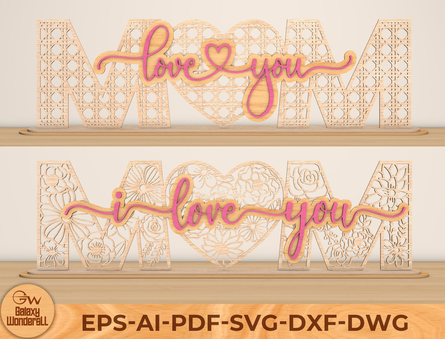 Mom I Love You Laser Cut File | Mother’s Day Wooden Sign | Floral Pattern Decor | Glowforge, xTool, LightBurn Compatible, etc.