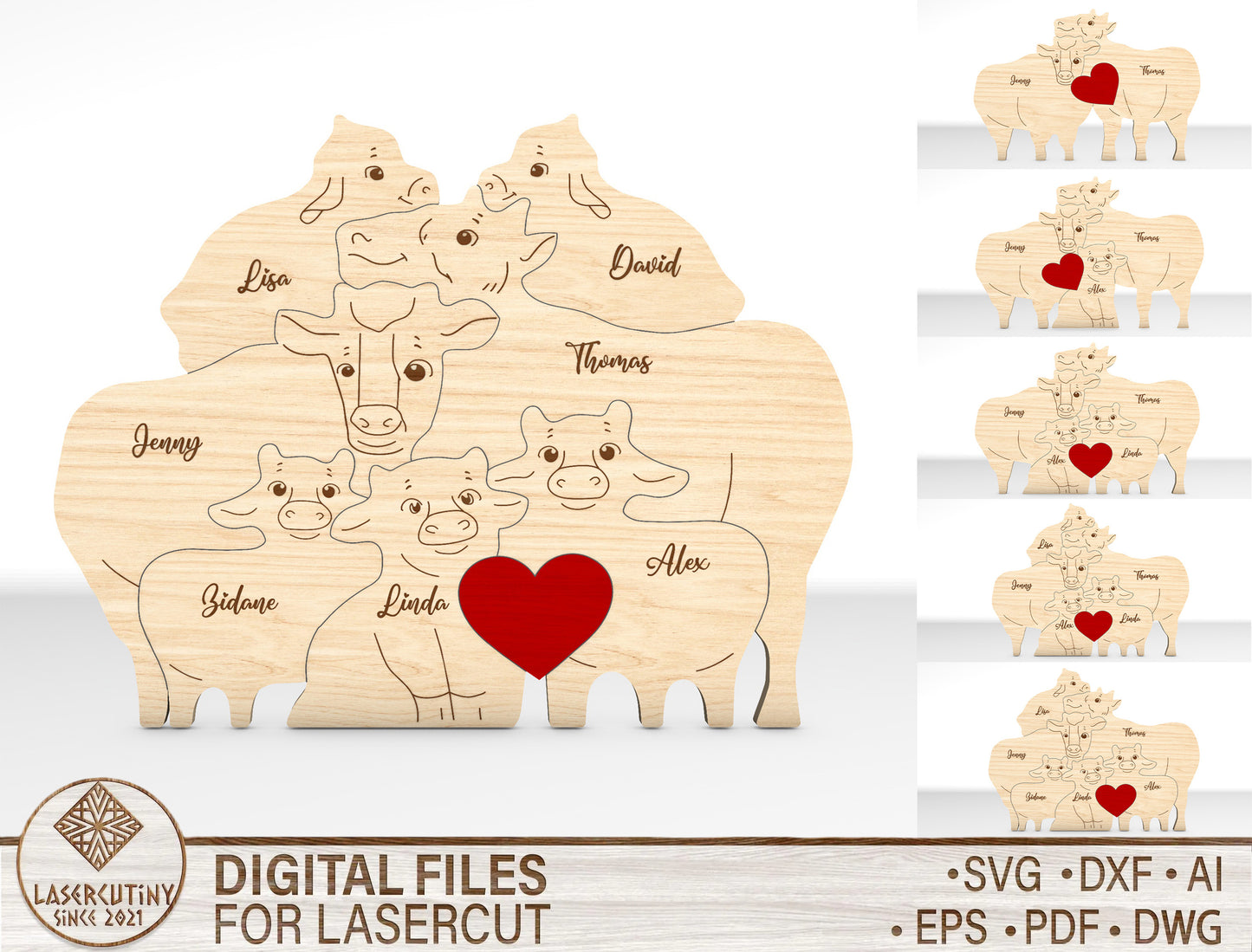 Personalized Family Highland Cow Puzzle SVG for LightBurn