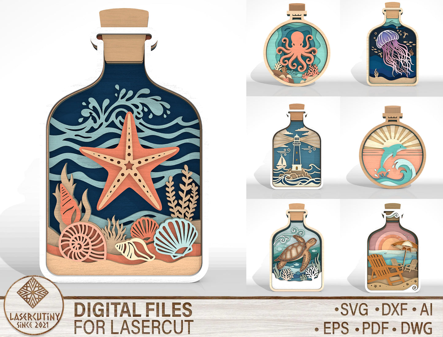 Ocean Bottle Multilayer Tabletop Sign SVG Bundle Laser Cut File for Glowforge and LightBurn
