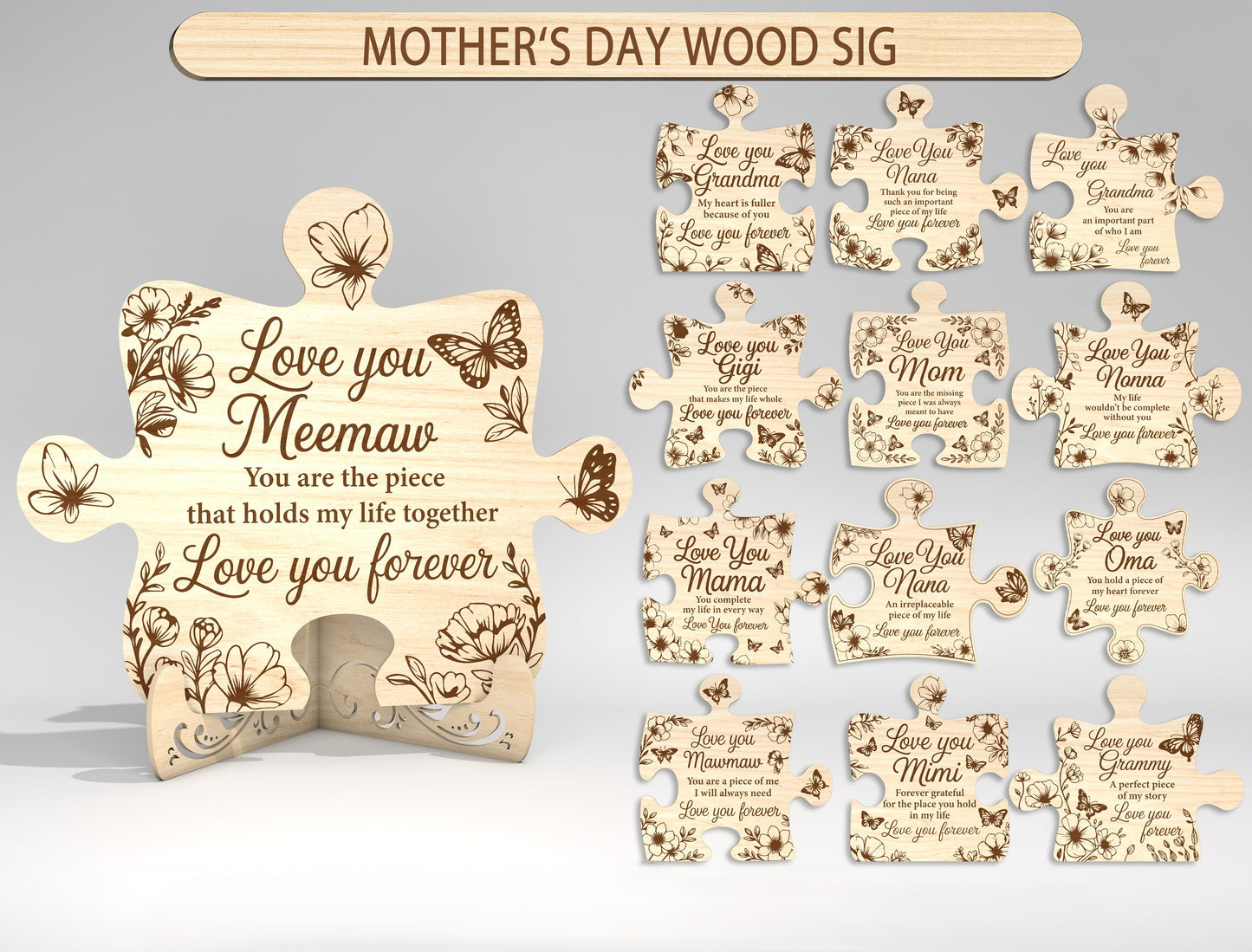 Puzzle Stand Sign SVG Bundle Engraved Floral for LightBurn and xTool