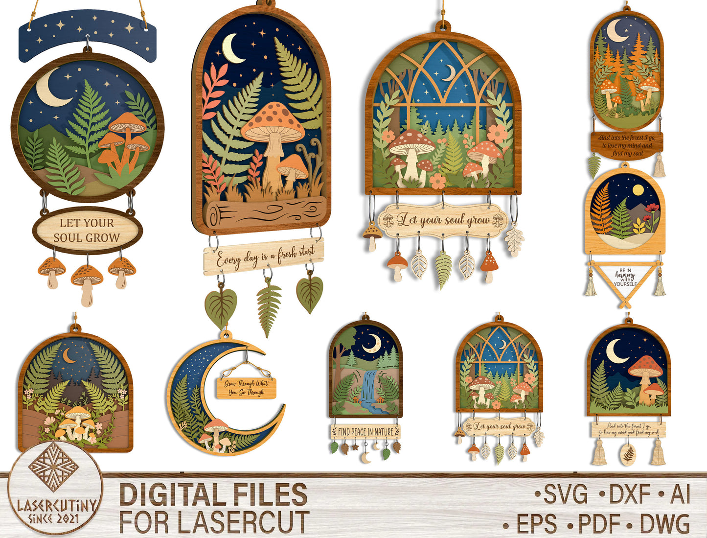Forest Moon Mushroom Laser Cut SVG Bundle Nature Hanging Signs