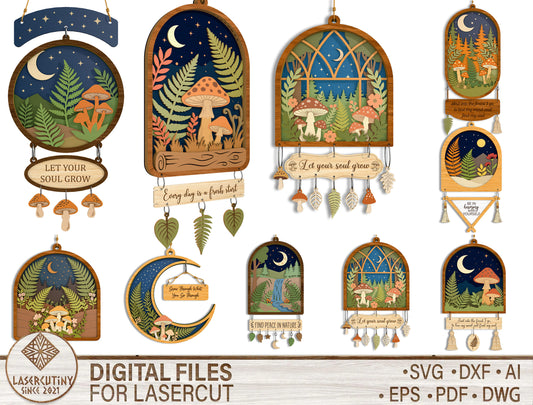 Forest Moon Mushroom Laser Cut SVG Bundle Nature Hanging Signs