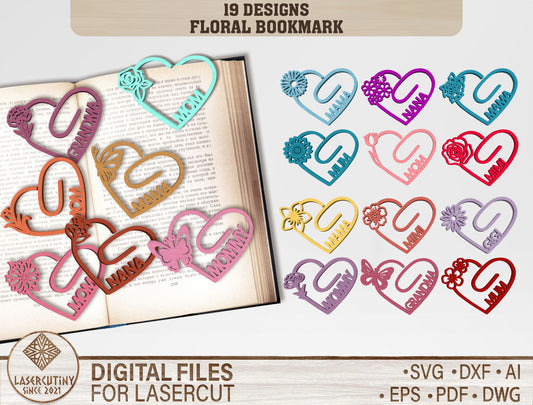 Floral Heart Bookmark SVG Bundle for LightBurn and xTool