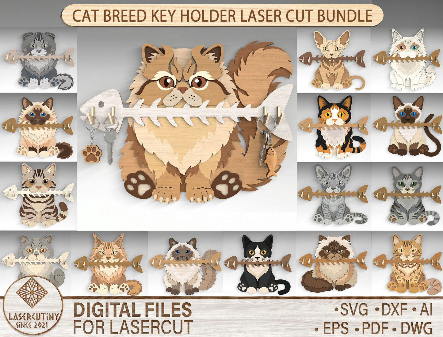 Cat Breed Key Holder SVG Bundle for Glowforge and LightBurn