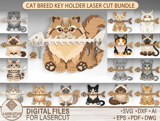 Cat Breed Key Holder SVG Bundle for Glowforge and LightBurn