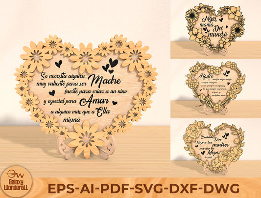 Mother’s Day Heart Floral Laser Cut File Bundle | Spanish Quote Wooden Decor | Layered Flower Wreath | Glowforge, xTool, LightBurn etc.