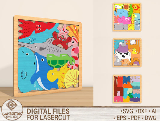 Animal Puzzle Board SVG Laser Cut File for LightBurn and Glowforge