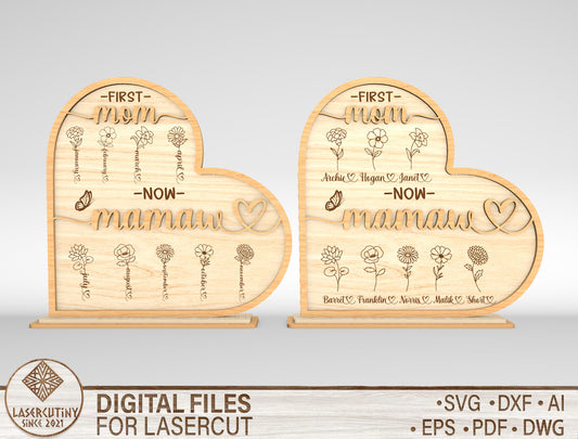 First Mom Now Mamaw Personalized Birth Flower Sign SVG for Glowforge and xTool