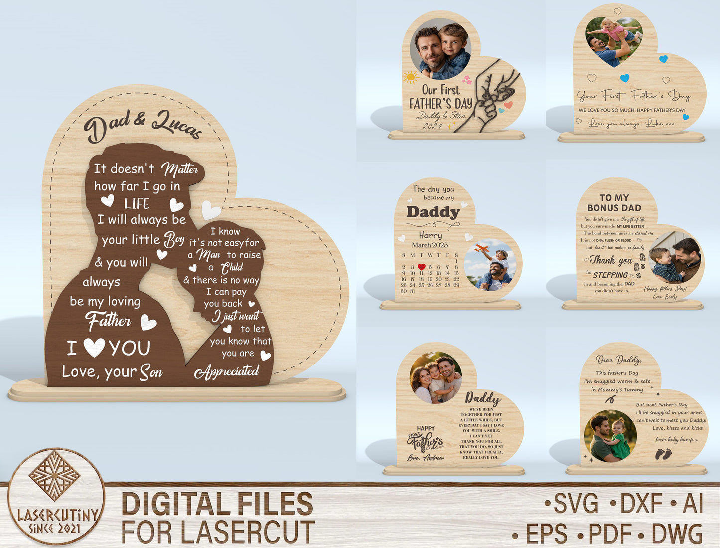 Personalized Heart Shaped Dad Photo Frame SVG Laser Cut File for LightBurn and xTool
