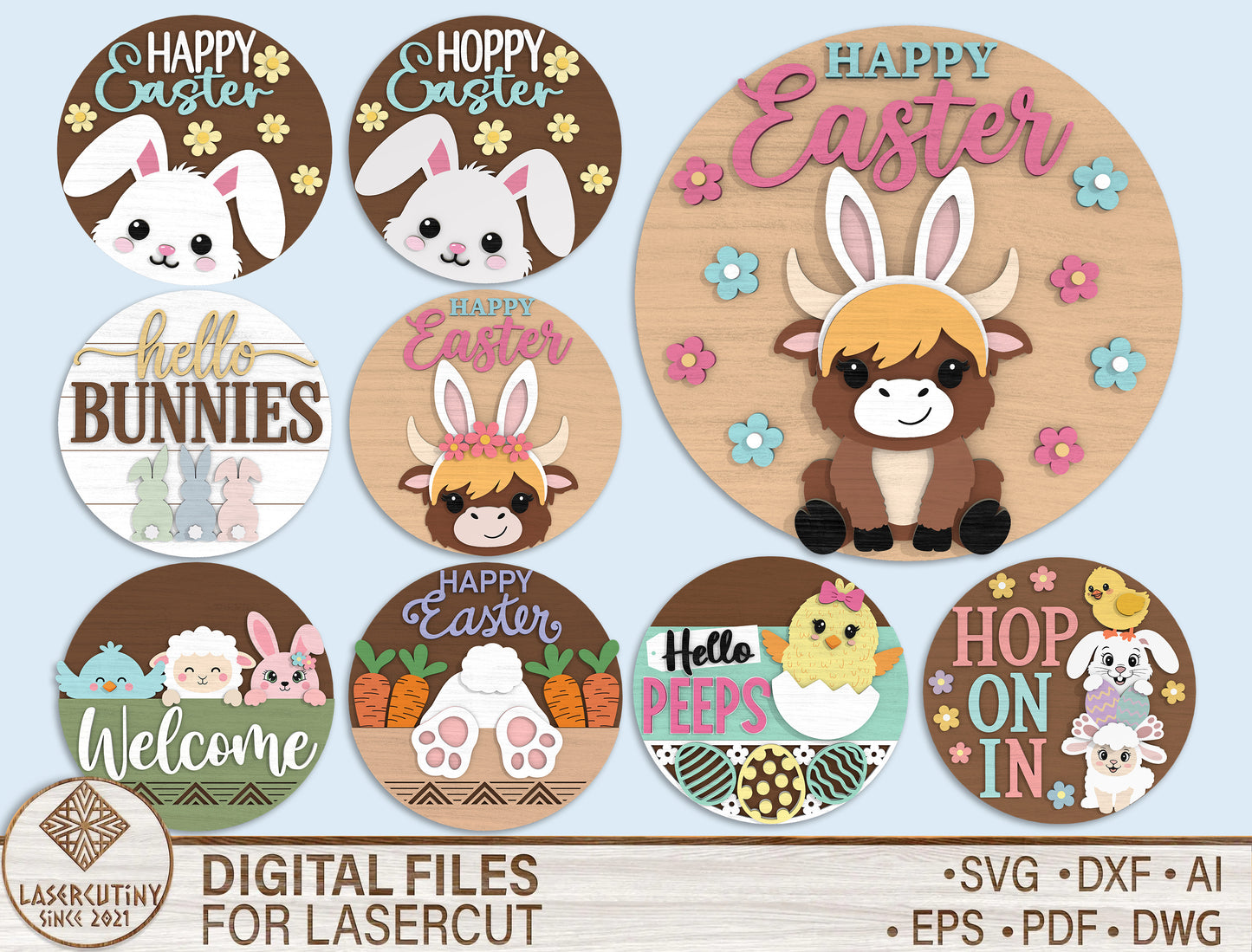 Easter Round Door Sign SVG Bundle 9 Cute Spring Designs for LightBurn and xTool