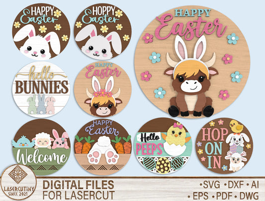 Easter Round Door Sign SVG Bundle 9 Cute Spring Designs for LightBurn and xTool