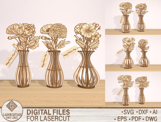 Wooden Flower Vase SVG Bundle 3 Vases 21 Flowers for LightBurn and xTool