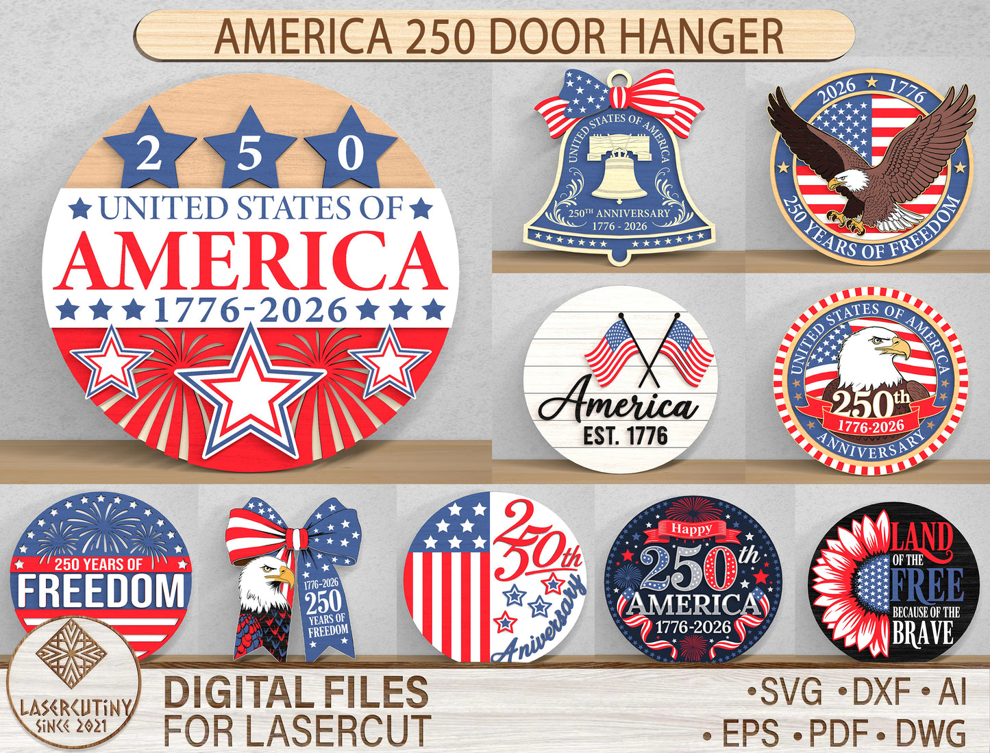 America 250 Door Hanger SVG Bundle for Glowforge and xTool