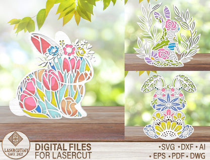 Easter Bunny Layered Floral Stained Glass SVG for LightBurn and Glowforge