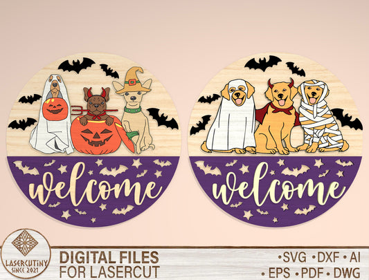 Halloween Pet Costume Door Hanger SVG Laser Cut File | 2 Welcome Designs | Cute Front Door Decor | Glowforge, xTool, LightBurn, etc.