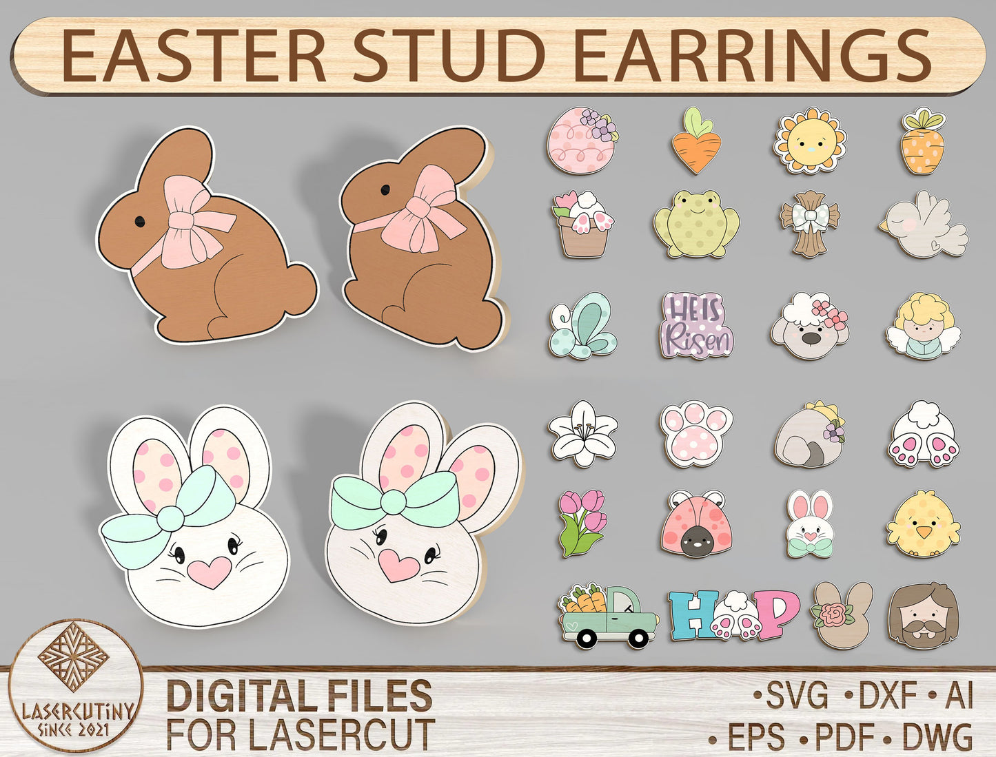 Easter Stud Earrings SVG Bundle Bunny Chick Flower Faith for Glowforge