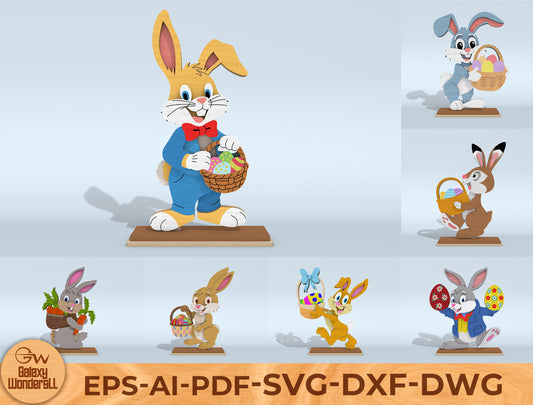 7 Easter Bunny Standee Designs | Cartoon Rabbit & Egg Laser Cut File | Digital Download | Ready to Cut for Glowforge, xTool, LightBurn, etc.