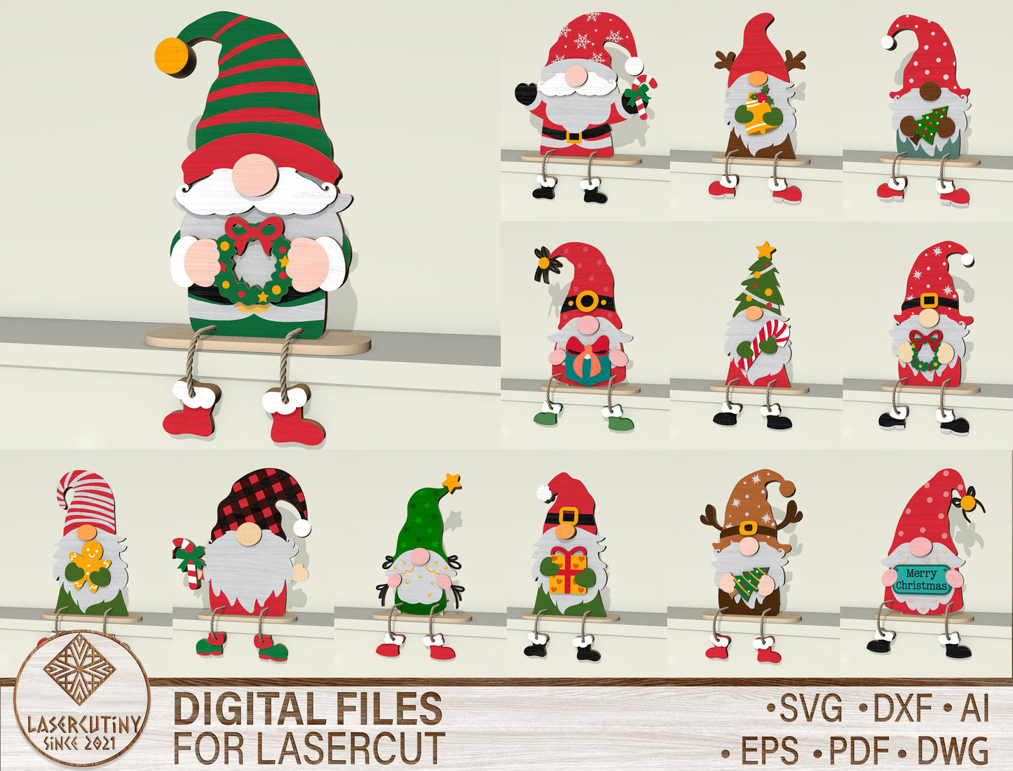 Christmas Gnome Shelf Sitter Laser Cut File | Ready to Cut | Glowforge, xTool, LightBurn, etc.