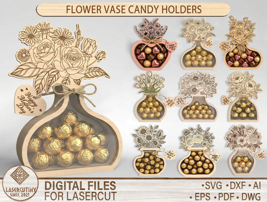 Flower Vase Candy Holder SVG Bundle 3D Wooden Bouquet Gift Jar for Glowforge and xTool