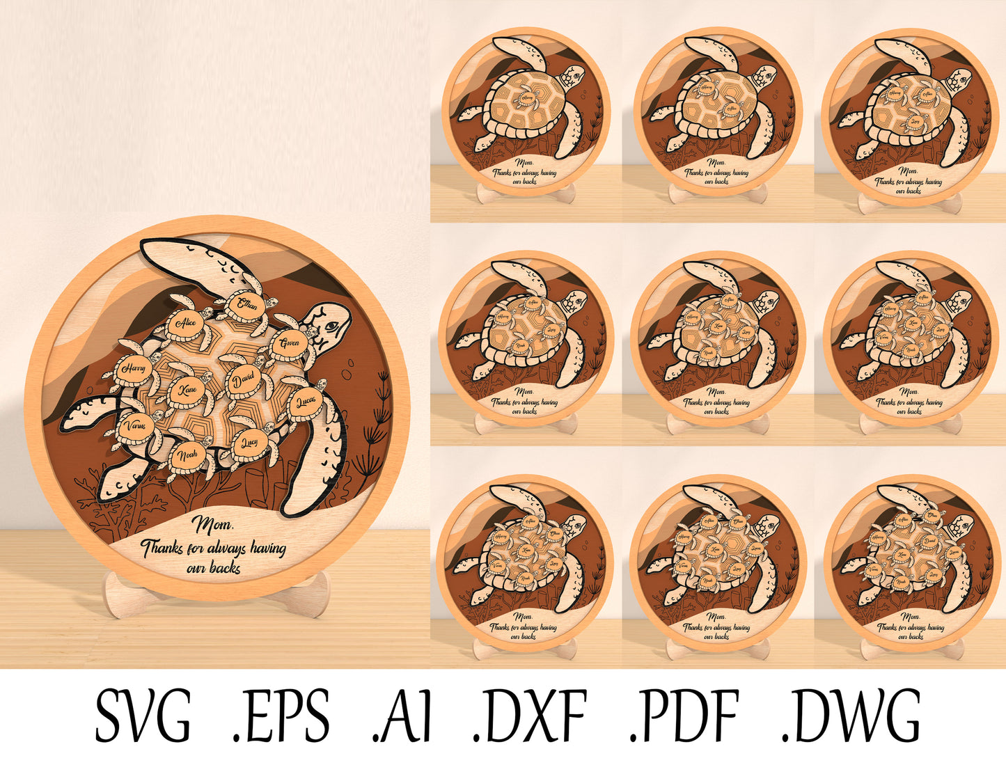 Sea Turtle Family Sign Laser Cut File | Mother’s Day Decor | Ocean Wooden Style | Glowforge, xTool, LightBurn, etc.