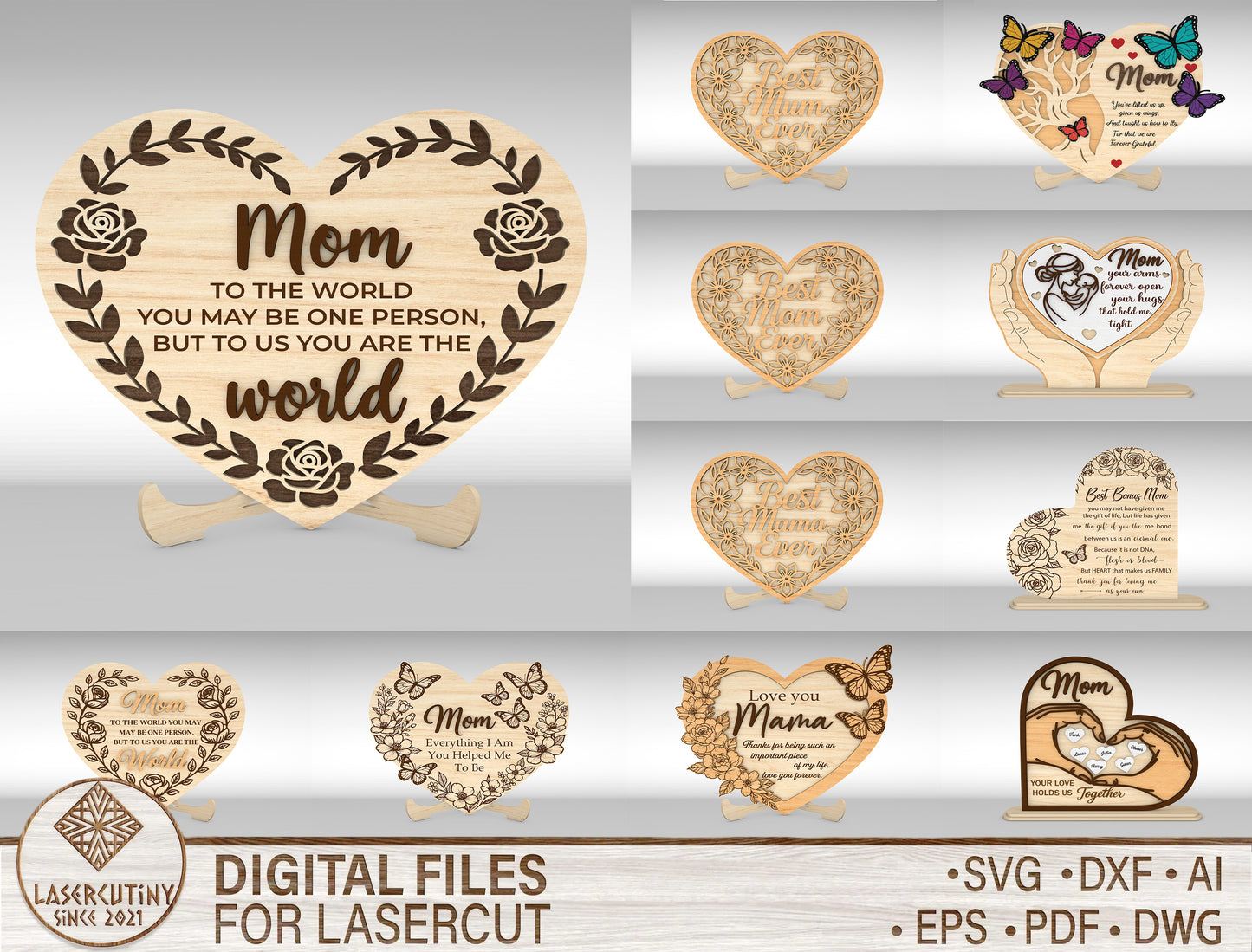Mom Quote Heart Sign SVG Bundle Mother's Day for Glowforge and xTool