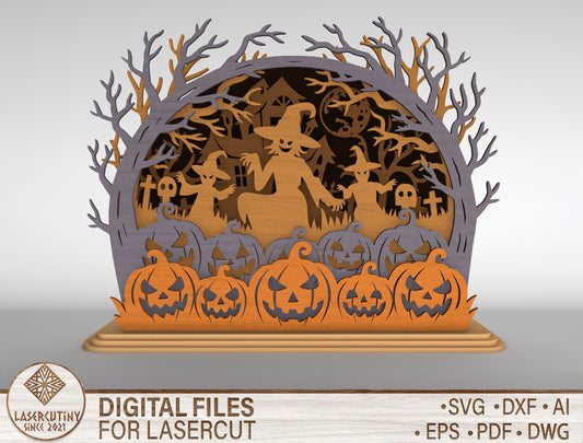 Halloween Witch Pumpkin Multilayer SVG Spooky Laser Cut Scene for Glowforge