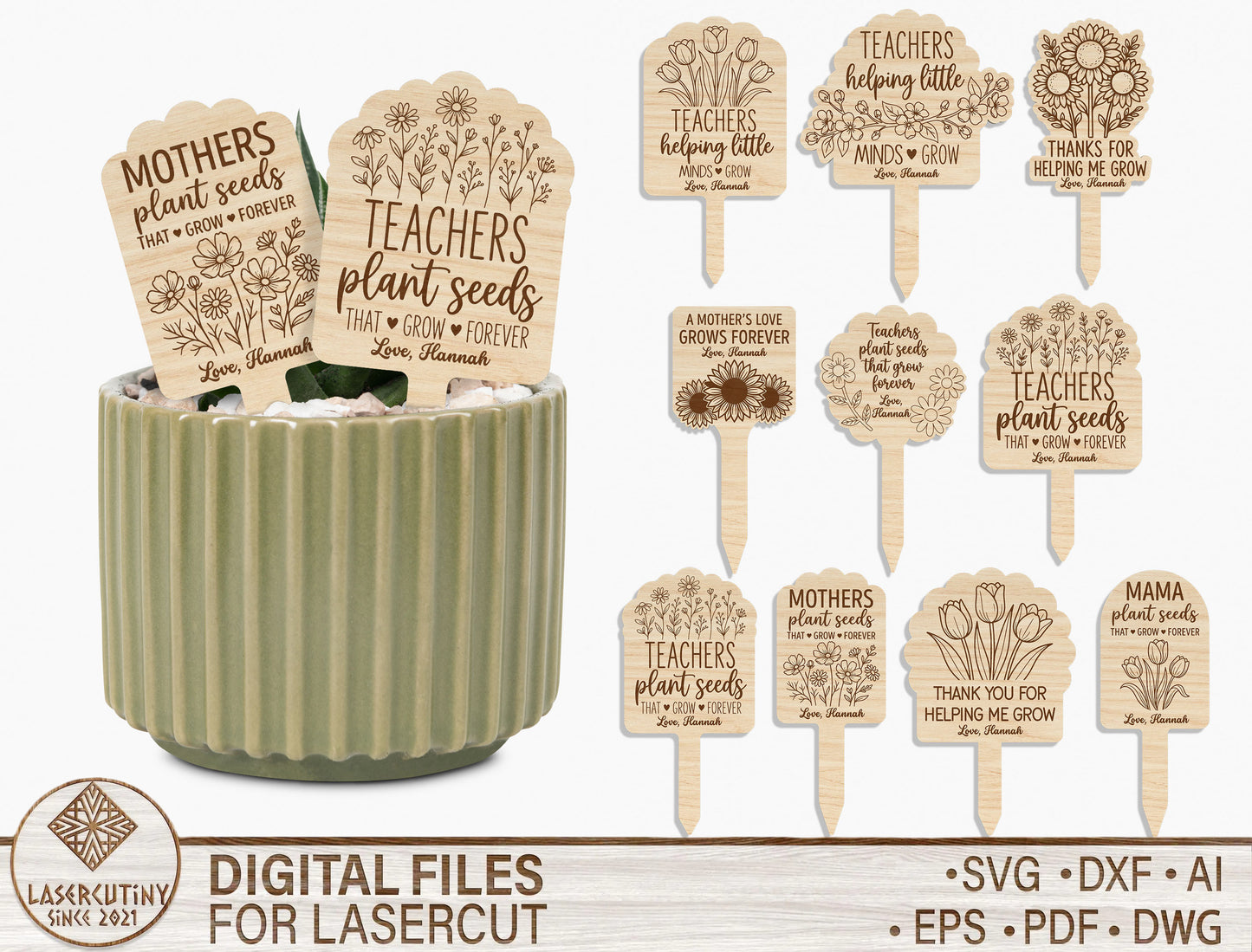 Teacher Mom Plant Marker SVG Bundle Thank You Grow Quote Laser Cut File for Glowforge and xTool