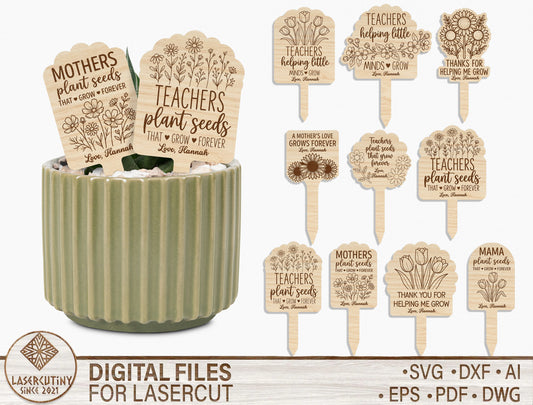 Teacher Mom Plant Marker SVG Bundle Thank You Grow Quote Laser Cut File for Glowforge and xTool