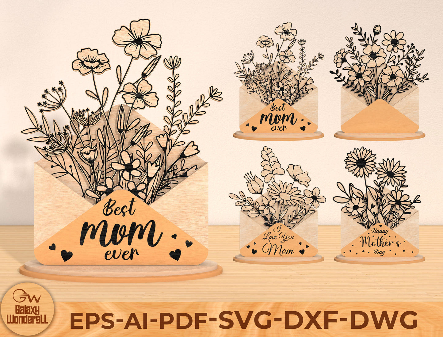 Mother’s Day Envelope Flower Laser Cut File Bundle | Floral Letter Decor | Botanical Wooden Sign | Glowforge, xTool, LightBurn, etc.