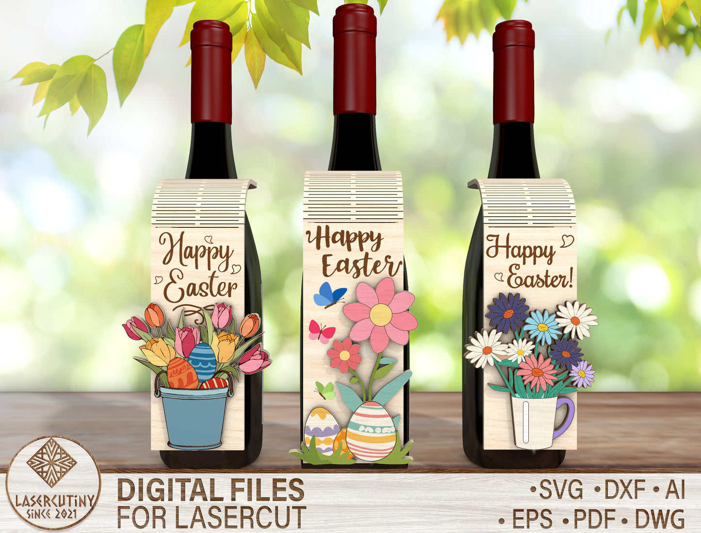 Floral Easter Bottle Tag SVG Spring Wine Gift 3 Designs for Glowforge and xTool