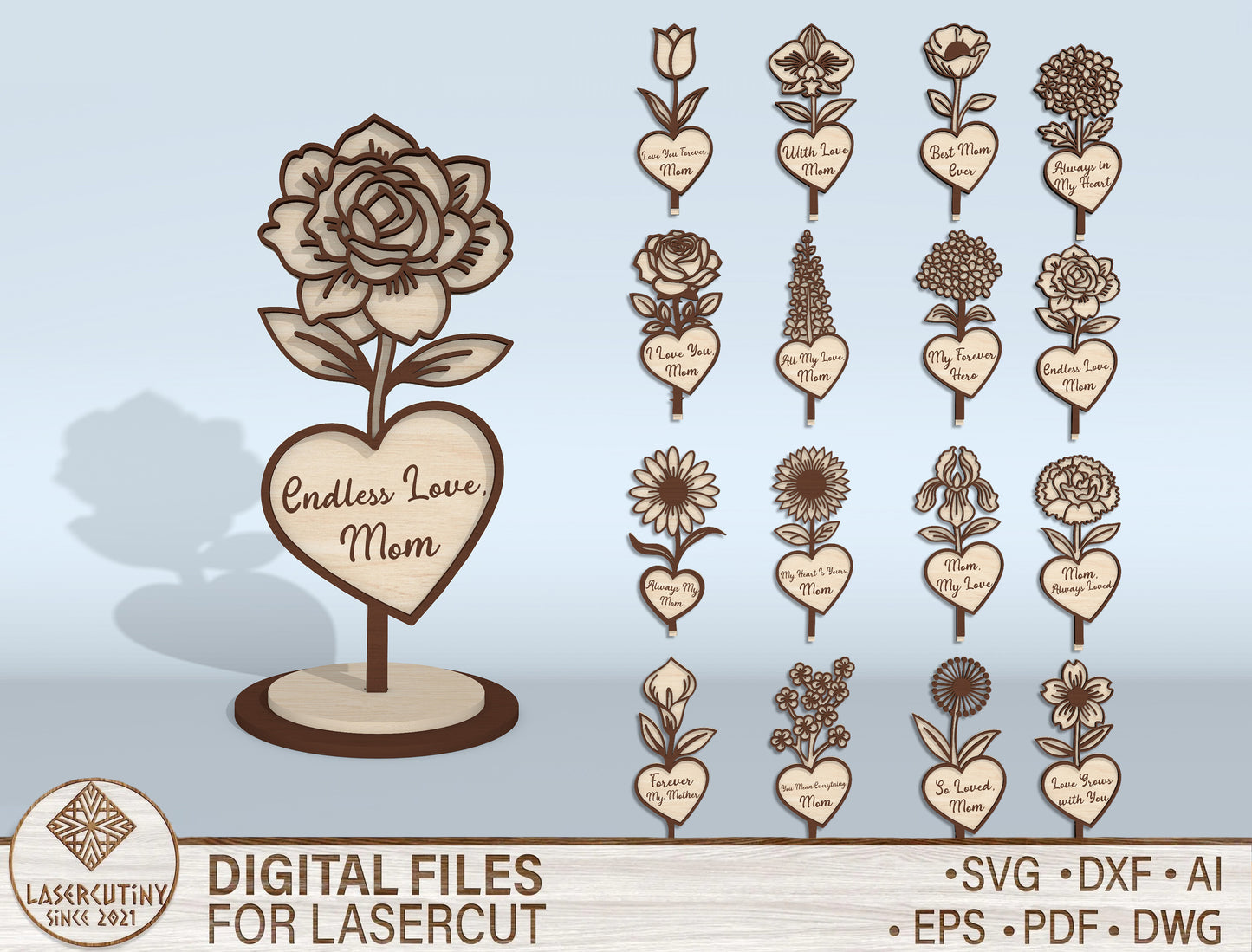 Mother's Day Flower Heart Sign SVG Bundle 16 Designs for LightBurn