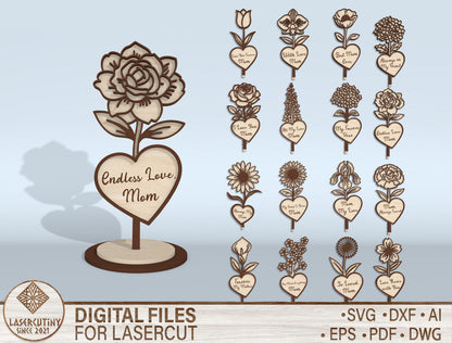 Mother's Day Flower Heart Sign SVG Bundle 16 Designs for LightBurn