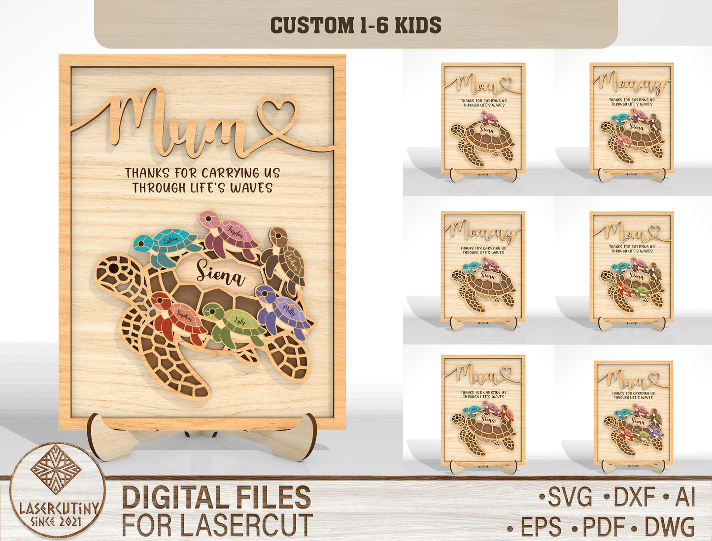 Personalized Mom Turtle Kids Name Sign SVG Laser Cut File for Glowforge and xTool