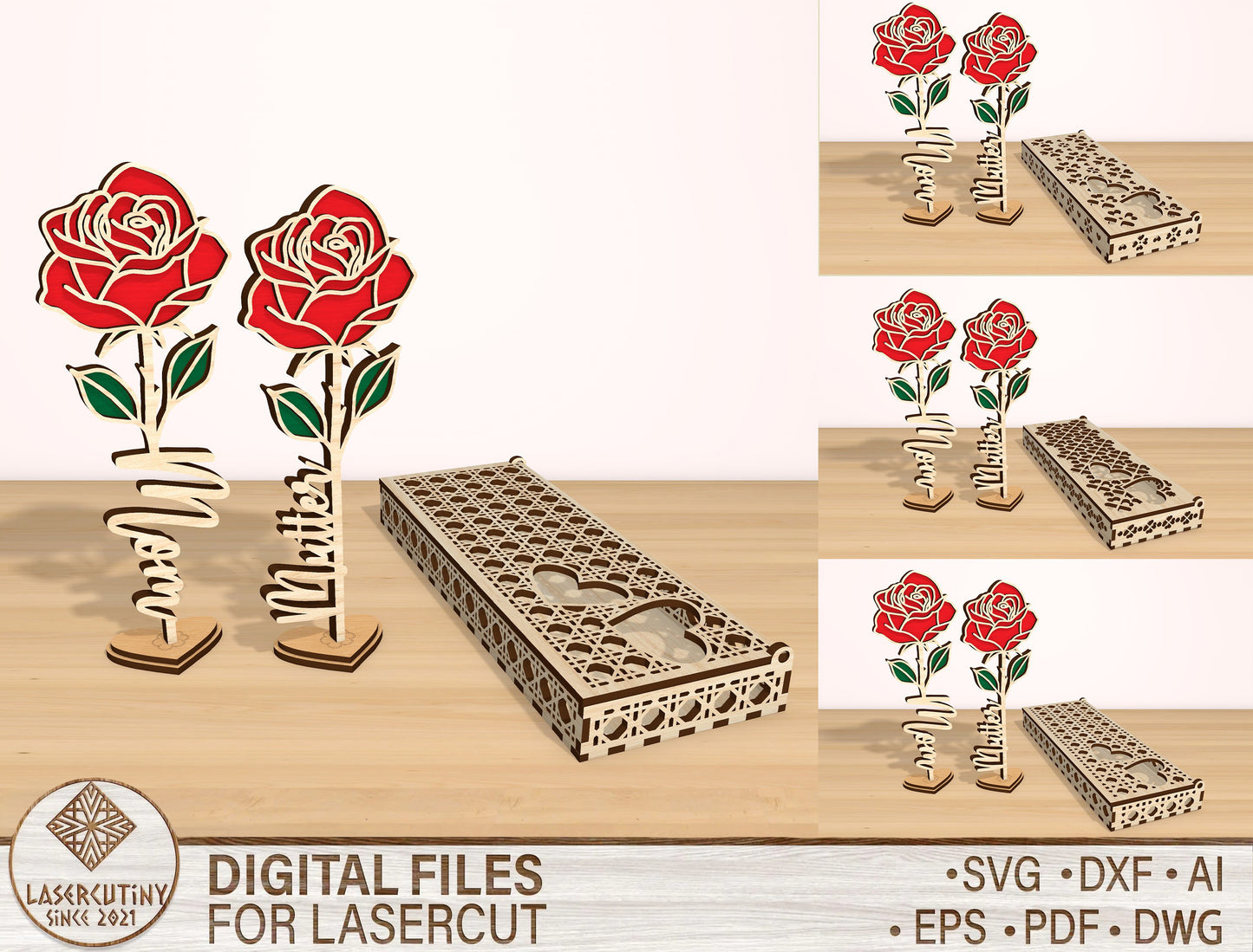 Rose Flower Box SVG Bundle 4 Boxes 15 Roses for Glowforge and xTool