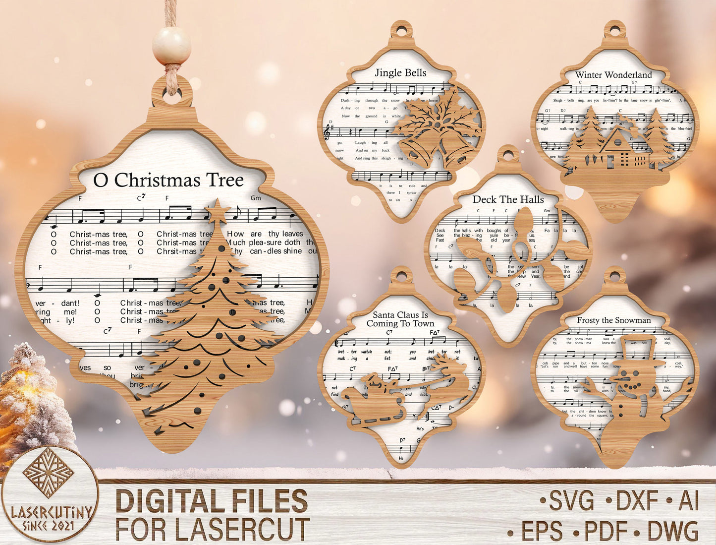 Christmas Sheet Music Ornament SVG Bundle Laser Cut File for Glowforge xTool LightBurn