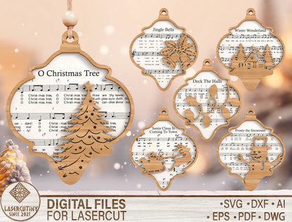 Christmas Sheet Music Ornament SVG Bundle Laser Cut File for Glowforge xTool LightBurn